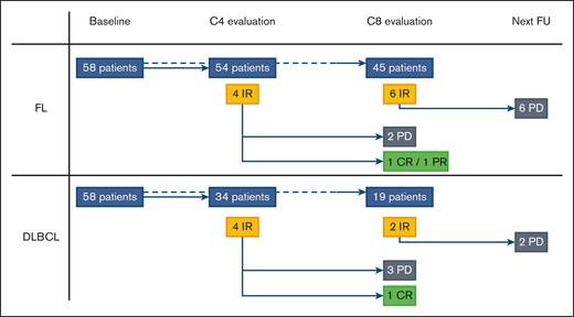 Metabolic evaluation per the LYRIC criteria of the GATA trial. In accordance with the LYRIC criteria, 8 patients (4 with FL and 4 with DLBCL; yellow rectangles) were classified as C4. During follow-up, 3 cases turned out to be PP (2 with FL and 1 with DLBCL; green rectangles) and 5 cases of real PDs (black rectangles). At C8 evaluation, 8 patients (6 with FL and 2 with DLBCL; yellow rectangles) were classified as IR. During the follow-up, all of these cases turned out to be real PDs (black rectangles) within 1 or 3 cycles of therapy. CR, complete response; PR, partial response; FU, follow-up.