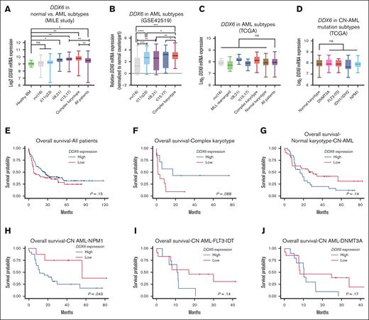 DDX6 expression is elevated in patients with AML. (A) DDX6 mRNA expression across different cytogenetic subgroups of AML. Data from MILE study.62 Data are presented as mean log2 expression with range. ∗P < .05, ∗∗P < .01; Student t test. (B) DDX6 mRNA expression across different cytogenetic subgroups of AML.63 Data are presented as mean log2 expression with range. ∗P < .05, ∗∗P < .01, ∗∗∗P < .001, and ∗∗∗∗P < .00001; unpaired Student t test. DDX6 mRNA expression from TCGA data sets across different cytogenetic subgroups of AML (C) and normal karyotype patients with CN-AML bearing different mutations (D). Data are presented as mean log2 expression with range. Unpaired Student t test. Kaplan-Meier curves showing the outcomes of patients with AML from the TCGA data set with high vs low expression of DDX6 in all patients (n = 150) (E), patients with complex karyotype (n = 18) (F), normal karyotype (CN-AML) (n = 60) (G), patients with CN-AML with NPM1 mutations (n = 33) (H), patients with CN-AML with FLT-ITD mutations (n = 18) (I), and patients with CN-AML with DNMT3A mutations (n = 24) (J). P value was calculated by log-rank test. inv, inverted; ns, not significant.