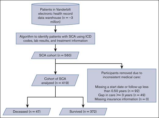 CONSORT flow diagram of the automated SCA cohort from our electronic health record with exclusion criteria. SCA, sickle cell anemia (SS and Sbeta0); ICD, International Classification of Disease.