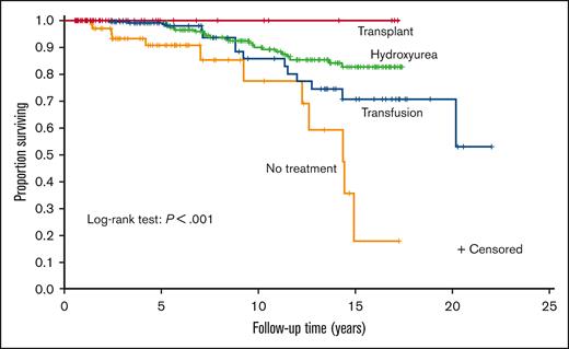 Kaplan–Meier curve of disease-modifying therapy for the cohort of children and adults with SCA. A Kaplan–Meier curve was constructed to evaluate the different treatments. Treatment groups were mutually exclusive and in a hierarchical order: HSCT (n = 22) > regular blood transfusion for at least 2 years (n = 56) > hydroxyurea for at least 1 year (n = 243) > no disease-modifying therapy (n = 98).