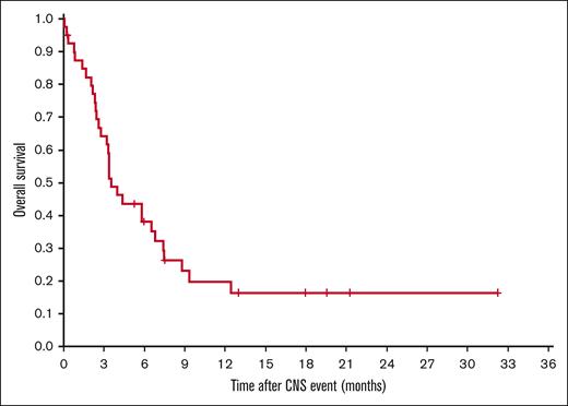 OS of young patients with DLBCL after CNS event (n = 40).