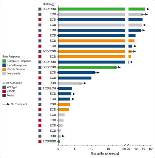Swimmer plot showing time on therapy segregated by best response and genotype. Arrows indicate patients still on treatment.