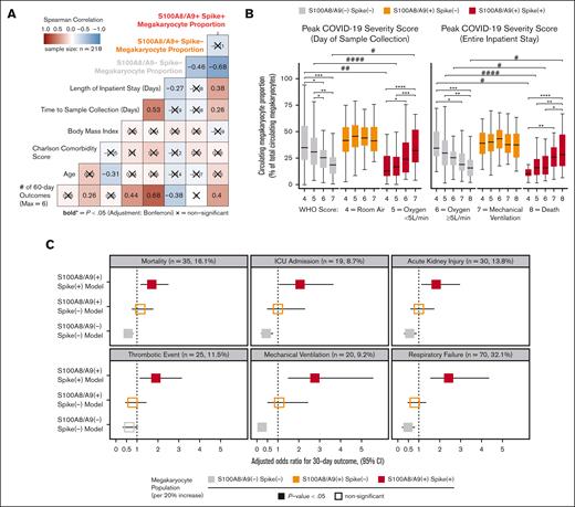 SARS-CoV-2–containing MKs are associated with mortality and severe adverse events in COVID-19. (A) Spearman correlation analysis of continuous candidate model variables and cumulative 60-day postadmission outcomes for each patient (respiratory failure, mechanical ventilation, acute kidney injury, thrombotic events, ICU admission, and death). Each patient was limited to the first occurrence of a given outcome, resulting in a cumulative outcome maximum of 6. Statistical significance was assessed using Spearman correlation with Bonferroni P value adjustment for multiple hypothesis testing between candidate variables (X = nonsignificant; bold text, P value < .05). (B) Analyses comparing the WHO scale of COVID-19 severity on the day of sample collection (left) and peak severity during the entire inpatient stay (right) vs the circulating MK frequency for each subpopulation (∗ indicates intragroup and # indicates intergroup; ∗/# = 0.05-0.01, ∗∗/## = 0.01-0.001, ∗∗∗/### = 0.001-0.0001, ∗∗∗∗/#### < 0.0001). (C) Multivariate logistic regression models showing the likelihood of selected 30-day outcomes per 20% increase in each MK subpopulation (3 models per outcome; age, body mass index, and preadmission Charlson comorbidity score covariables not shown). Bootstrapped 95% CIs (n = 1000 bootstraps) are denoted as a bar to the right and left of each corresponding adjusted OR square. Event rates for each outcome are shown above each set of models. Statistical significance was assessed using the Wald test and is denoted by solid or open squares. Outcomes were determined using ICD-10 billing codes from each patient encounter. See supplemental Table 1 and supplemental Figures 8-10 for a complete breakdown of outcome billing codes and supplemental Tables 2-4 for regression model details.