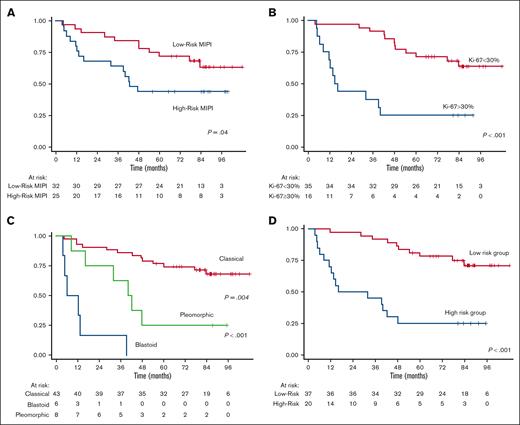 Survival curves for PFS. (A) MIPI score, (B) Ki67 value, (C) morphological variant, (D) or risk group defined as follows: low-risk (Ki67 < 30% and classical morphological variant); high-risk group (Ki67 ≥ 30% and/or blastoid/pleomorphic morphological variant).