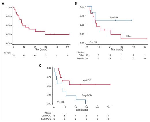 OS at the time of first POD (OS-2). (A) OS-2 in all 25 patients with relapsed/refractory disease, (B) OS-2 in patients who received ibrutinib as second line (n = 6) vs other patients with relapsed and treated patients (n = 16), and (C) POD-24 in 25 patients who had relapsed/refractory disease: early- vs late-POD.