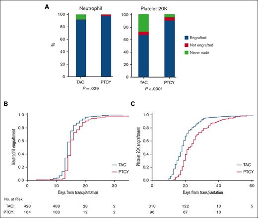 Neutrophil and platelet recovery. (A) The proportion of engraftment status. (B) Time to neutrophil engraftment among patients with engraftment. (C) Time to platelet engraftment among patients with engraftment.