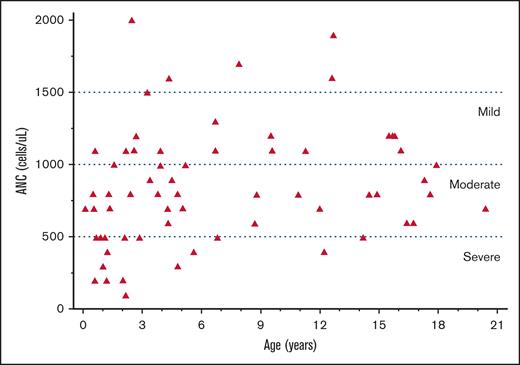 ANC nadir values of healthy children with the Fy(a-b-) phenotype. Dotted lines indicate the degree of neutropenia: mild- ANC, from 1000 to 1500 cells per μL; moderate- ANC, from 500 to 999 cells per μL; and severe- ANC, <500 per μL. Children younger than 5 years had an ANC as low as 100 cells per μL. Children older than 5 years had an ANC as low as 400 cells per μL but rarely had values <500 cells per μL.