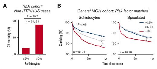 RBC-diff counts are associated with patient prognosis. (A) Seven-day, all-cause mortality in non iTTP or HUS etiologies in the TMA derivation cohort. (B) Kaplan-Meier survival curves for patients with MGH stratified based on RBC-diff counts from the first available blood smear. Each group in panel B was matched for demographics, comorbidities, smear grading, blood count markers, and other RBC-diff counts (supplemental Methods). The findings in panel B were validated in the BWH cohort (supplemental Figure 8). The significance of the results in panel A was calculated using the χ2 test (P = .027; χ2 = 4.9; df = 1). The significance of survival curves in panel B was determined using a log-rank test, P values (test statistic) for low to midgroup comparisons were .04 (Z = 2.09) and .98 (Z = 0.02) and for high to midgroup comparisons were .003 (Z = 2.98) and .01 (Z = 2.60) for schistocytes and spiculated cells, respectively.