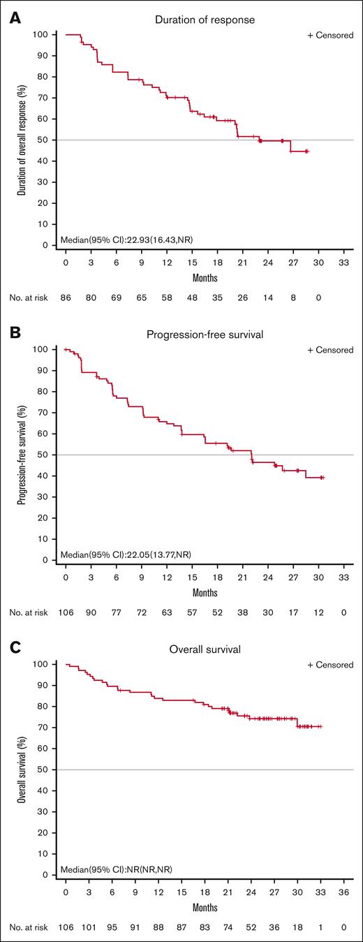 Duration of response, progression-free survival, and overall survival in full analysis set population. (A) IRC-assessed DOR, (B) PFS, and (C) overall survival in full analysis set population. NR, not reached.