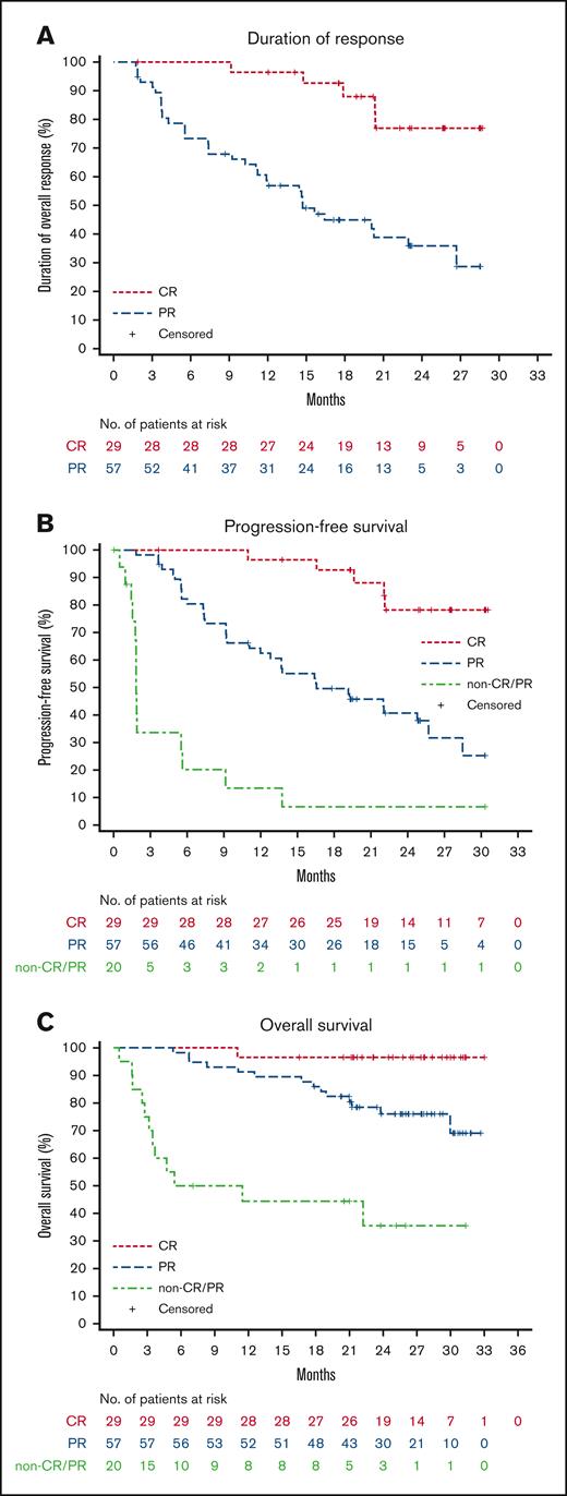 Duration of response, progression-free survival, and overall survival in patients achieving CR, PR, or who were non-responders (SD/PD). (A) IRC-assessed DOR, (B) PFS, and (C) overall survival.
