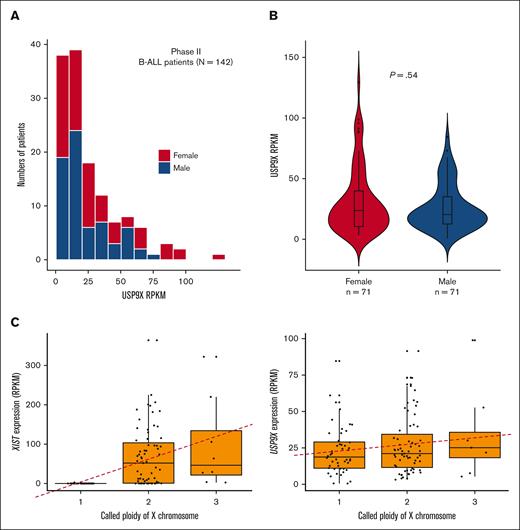 USP9X expression in sporadic B-ALL samples does not differ between males and females with maintenance of normal patterns of X inactivation. (A) Expression of USP9X mRNA across 142 male (blue) and female (red) patients with B-ALL enrolled in phase 2 of TARGET. (B) No significant difference in expression levels of USP9X between males (n = 71) and females (n = 71) graphed as a violin plot. (C) Reads Per Kilobase of transcript per Million reads mapped (RPKM) of control gene XIST plotted against X chromosome copy number across patients with B-ALL (n = 127) on the left and RPKM of USP9X across patients with B-ALL (n = 123) on the right, with the regression line shown as a red dashed line.