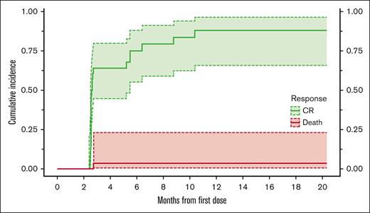 Aalen-Johansen estimates of cumulative incidence of the time to CR or death.