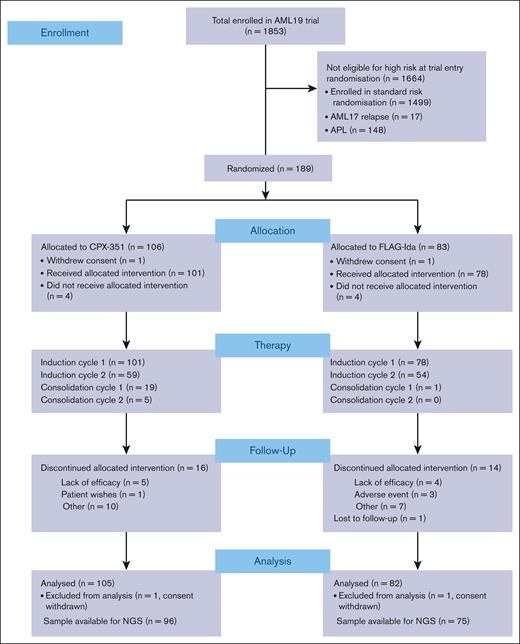 CONSORT diagram. APL (acute promyeloctic leukemia); CONSORT, Consolidated Standards Of Reporting Trials; NGS, next-generation sequencing.