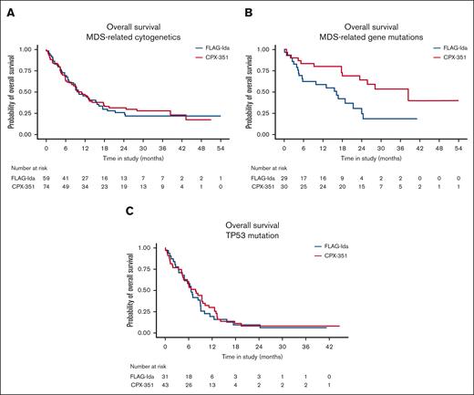 OS by randomization in the genomic subgroups. (A) MDS-related cytogenetic abnormalities, (B) MDS-related gene mutations, and (C) TP53 mutation.