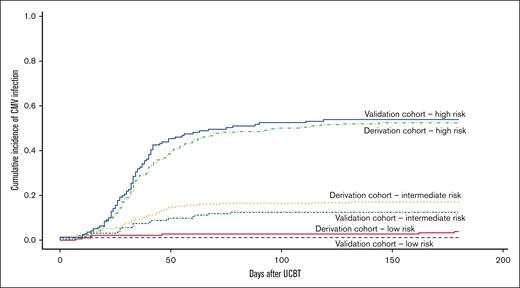 Cumulative incidence of CMV infection by risk group and cohort.