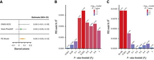 PRS analysis for eGFR using summary statistics from the COGENT-Kidney Consortium eGFR GWAS. (A) Forest plot depicting the FE eGFR meta-analysis of OMG-SCD and Walk-PHaSST generated using metafor at the maximizing P value threshold (PT) = .579. (B) Bar plot depicting model fit (R2) of the COGENT-Kidney Consortium eGFR PRS predicting eGFR in OMG-SCD at a wide range of P value thresholds. (C) Bar plot depicting model fit (R2) of the COGENT-Kidney Consortium eGFR PRS predicting eGFR in Walk-PHaSST at a wide range of P value thresholds. FE, fixed effects.