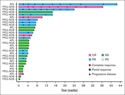 Long-term response (swimmer plot). The swimmer plot demonstrates the long-term response after darinaparsin administration.