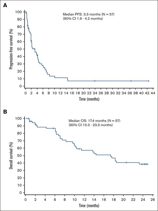 Kaplan-Meier curves of PFS and OS. (A) The median PFS is 3.3 months (90% CI, 1.9-4.2). (B) The median OS is 17.4 months (90% CI, 10.3-23.3).
