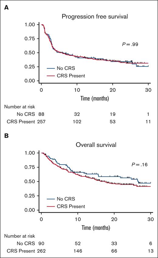 Progression-free survival. Kaplan-Meier curve showing progression-free survival in patients treated with CD19-directed CAR-T cells showing similar curves for those who did and did not develop cytokine release syndrome.