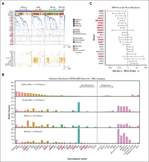 Genomic profiling predicts the AML ontogeny. (A) Oncoplot of AML subtypes (de novo AML, t-AML, MR-Hx, and MR-CG). NGS panels are indicated as platforms (RDTS, RDTB, and IMPACT-heme). Genes not covered by RDTS are indicated in gray. The ELN2017 and ELN2022 risk groups are listed. EVI1 indicates EVI1 rearrangements. MLL indicates MLL rearrangements. (B) Bar plots of genomic aberrations for each AML subtype. Proportions are shown. The MR/RUNX1 genes are bolded. (C) Association between individual gene mutations and AML ontogeny. Odds ratio was depicted on a log10 scale. The comparison is between MR-Hx and de novo AML.