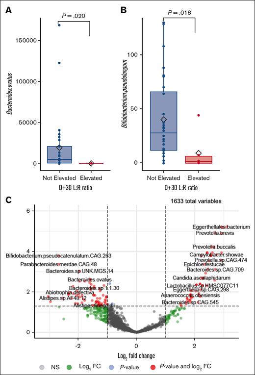 Microbiome composition in intestinal permeability cohort. Normalized count abundance of (A) Bacteroides species and (B) Bifidobacterium species in subjects with elevated (red) and not elevated (blue) day +30 L:R ratios. (C) Volcano plot of species abundance associated with high day +7 L:R ratios by GLLM-ZINB.