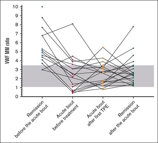 VWF MM ratio before, during and after acute iTTP episodes. VWF MM ratios in patients with iTTP from 2 days to 28 weeks (median 39 days) before an acute bout (n = 14), at the onset of the acute iTTP episode (n = 16), after first TPE (n = 20), and in remission after the acute episode (n = 20). Gray background is the normal range of the VWF MM ratio assessed in controls.