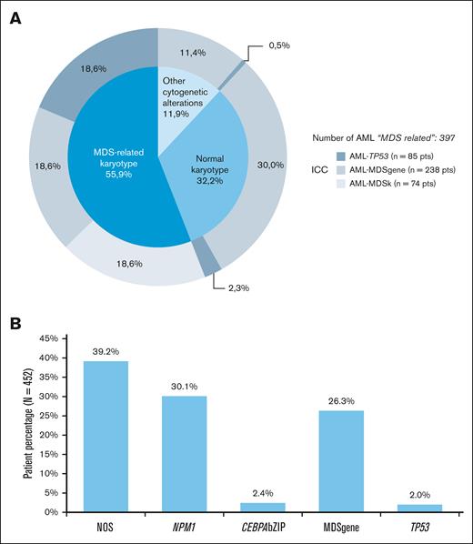 Distribution of patients with AML based on their cytogenetic and molecular profile. (A) Distribution of secondary AML (n = 397 AML with MDS-related categories), based on the presence of MDS-related cytogenetic abnormalities. Each category was further stratified according to the hierarchical ICC classification system, shown in the outer circle (AML with TP53 mutation, AML with myelodysplasia-related gene mutations, and AML with myelodysplasia-related cytogenetic abnormalities: gray shades). (B) Frequency of ICC diagnostic subcategories in patients with AML with NK (n = 452).