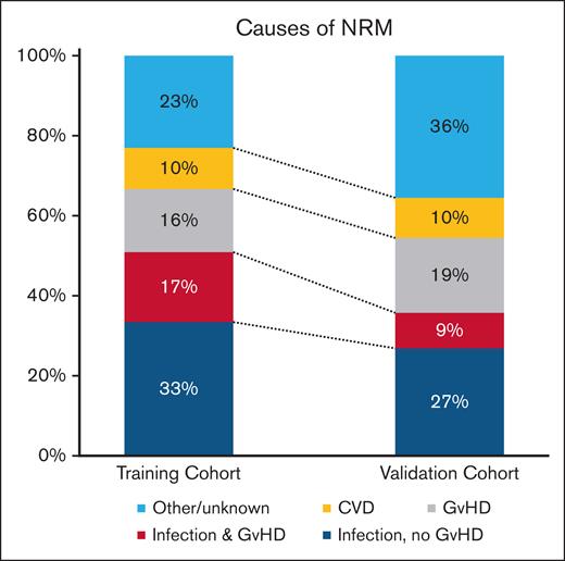 Causes of NRM in patients surviving 1 year without relapse after allo-SCT. CVD, cardiovascular disease.