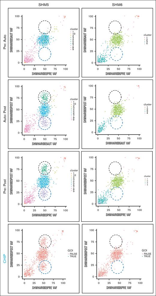 Comparison of PRE, AUTO, and POST VAFs in 2 patients with MM-associated MDS/AML. Graphical representation of VAFs between PRE:AUTO, AUTO:POST, and PRE:POST samples for SHM5 (variant enrichment) and SHM6 (no enrichment). The clinical timing of PRE is indicated in “MM biopsy” of Figure 1. Black dashed circle indicates variant enrichment. Blue dashed circle indicates variant reduction. Each dot indicates a single variant. In the panels labeled CHIP, blue points (ie, true) indicate CHIP gene variants. GOI, genes of interest (ie, CHIP genes).