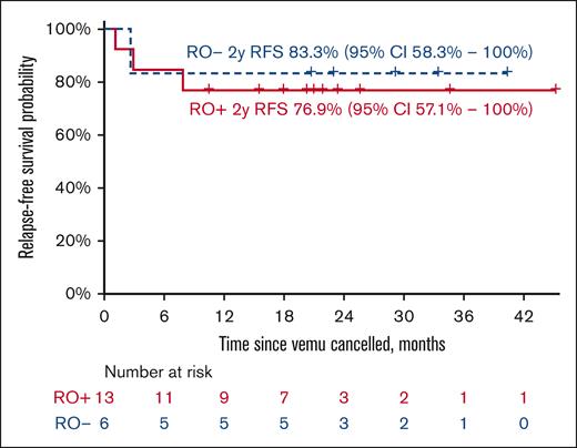 RFS probability by the group. The figure represents the RFS probability by group, measured from the cessation of vemurafenib treatment (D124) with respective confidence intervals.