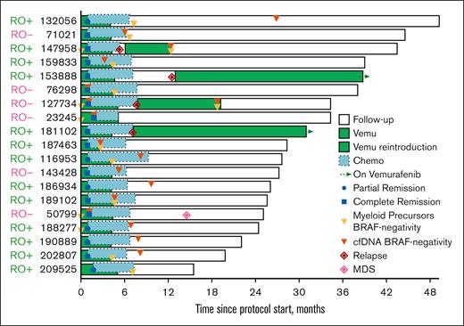 Swimmer plot representing all protocol patients. Each bar represents the treatment and follow-up of a single respective patient. All the events are represented with special symbols.