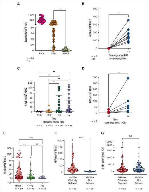 IFN-γ ELISpot for HHV-6–specific T cells. (A) Ex vivo T-cell responses in HDs upon stimulation with the phytohemagglutinin control (PHA), CMV antigens, and HHV-6. Results are expressed as SFC/105 PBMC. Lines indicate medians with interquartile range. (B) HHV-6–specific T-cell responses in HD at steady state (day 0) and 14 days after in vitro stimulation. (C) Frequencies of HHV-6–specific T cells at the indicated time points from the first day of viremia in HSCT recipients. (D) HHV-6–specific SFC/105 PBMC measured at ≥3 or at ≥7 days from the first day of viremia in samples collected from the same patient. (E) Frequencies of HHV-6–specific T cells in different groups: reactivating patients (HHV6+, red), controls (nonreactivating patients; HHV6-, green) and HD (violet). (F) Frequencies of HHV-6–specific T cells in patients developing HHV-6 clinically relevant infection (red) and in patients experiencing HHV-6 subclinical reactivation (blue). (G) Absolute counts of polyclonal CD3+ cells in patients developing HHV-6 clinically relevant infection (red) and in patients experiencing HHV-6 subclinical reactivation (blue). Statistical analysis in panels B and D were performed by Wilcoxon t test. Statistical analyses in panel E were performed using Kruskal-Wallis test, and in panels A, C, F, and G using Mann-Whitney test. ∗P < .05; ∗∗P < .01; ∗∗∗∗P < .0001. ns, not significant.