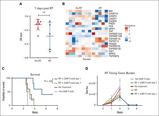 The DR score is dynamic within an individual tumor, its level at the time of CAR T-cell treatment correlates with overall survival and tumor response. (A) DR score was compared between sham (0 Gy) and low-dose radiation (1.8 Gy) 7 days after the treatment. (B) heatmap of individual samples (columns) and genes (rows) comprising the DR score. (C) Mice injected with Nalm6 tumor cells were treated with low-dose RT on day 3 followed by low-dose CAR T cells either 1 or 7 days later, corresponding with the timepoints of RNA-seq from Figures 5A and 6A. Overall survival (C) and tumor burden (D) of mice in the indicated treatment group shown over time.