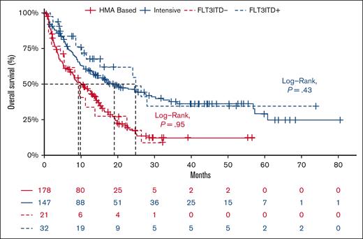 Overall survival between FLT3-ITD+ AML and FLT3-ITD–AML stratified based on treatment-intensive chemotherapy (blue) or HMA-based therapy (red).