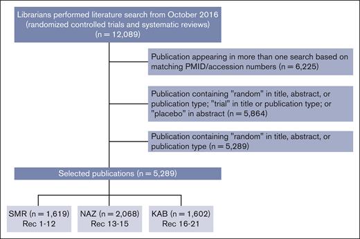 Flowchart of the searching process of the publications. KAB, Kenneth A. Bauer; NAZ, Neil A. Zakai; PMID, PubMed Identifier; Rec, recommendation; SMR, Suely M. Rezende.
