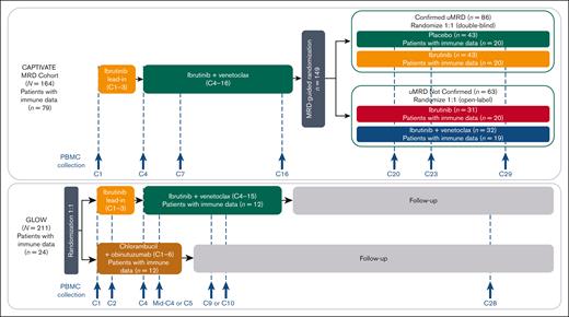 CAPTIVATE MRD cohort study design and disposition of patients included in the immunophenotyping study. C, cycle.