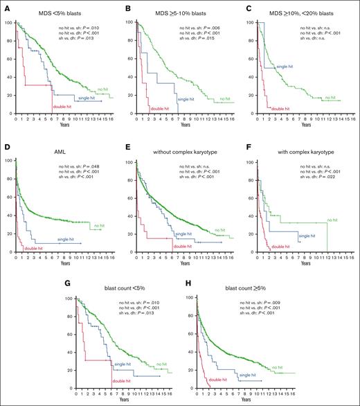 OS analysis in respective AML and MDS subgroups. (A-D) OS in patients without TP53 alteration (green curve), TP53 single hit (blue), and TP53 double hit (red) in blast-dependent subgroups (MDS with <5% blasts, MDS with ≥5% but <10% blasts, MDS with ≥10% but <20% blasts, and AML). (E-F) OS in respective subgroups dependent on the presence of a complex karyotype. (G-H) OS in subgroups dependent on the blast count. P values are depicted and were considered significant at P ≤ .05.