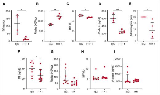 Effect of TF inhibition in mouse xenograft and allograft models of APL. For the xenograft model, we intravenously injected 100 μg of an inhibitory mouse anti-human TF antibody (HTF-1) or mouse control IgG per mouse on day 21. On day 28, blood was collected, and plasma was prepared or tail bleeding was performed. (A) TAT, (B) platelet count, (C) MPV, (D) sP-selectin, and (E) tail bleeding time (n = 5-7 per group). For the allograft model, we injected 20 mg/kg of an inhibitory rat anti-mouse TF antibody (1H1) or rat control IgG into the APL intraperitoneally on day 17. On day 24, blood was collected and plasma was prepared. (F) TAT, (G) platelet count, (H) MPV, and (I) sP-selectin are shown (n = 8 per group). Data are shown as median ± interquartile range (A,G-I) or mean ± SD (B-F), depending on normality. The Mann-Whitney U test (A,G-I), unpaired 2-tailed Student t test (B-D,F), or Welch t test (E) was used. ∗P < .05; ∗∗P < .01; ∗∗∗P < .001.