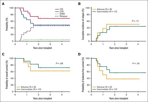 OS, LFS, NRM, and CIR for AML recipients of autotransplant with posttransplant pembrolizumab. (A-D) CIR, OS, and LFS based on the AML risk category.