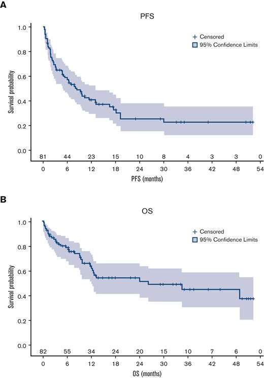 Survival for the whole cohort. (A) PFS and (B) OS.