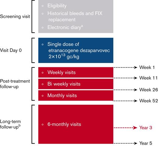 Study design. (A) Recording of bleeds and FIX replacement before and after etranacogene dezaparvovec treatment. Assessment of bleeds and FIX replacement before screening were based on medical records. (B) No e-diary recording during long-term follow-up. Figure adapted from Von Drygalski A et al.17