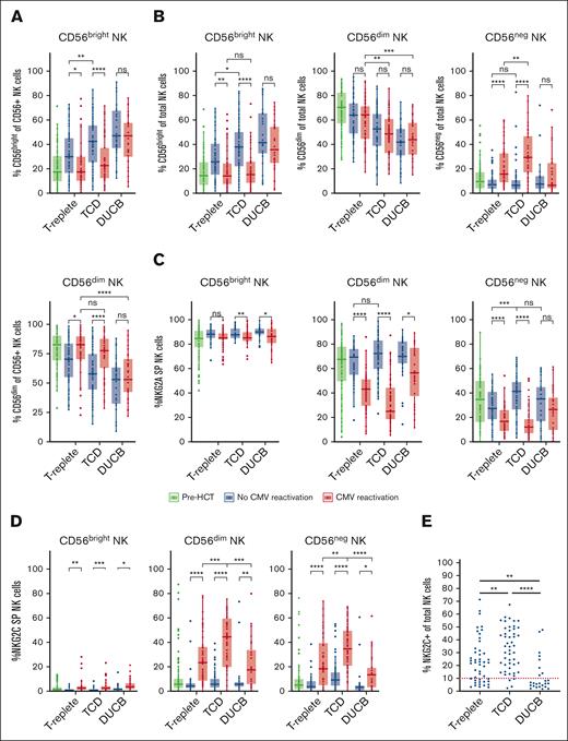 CMV reactivation differentially affects CD56, NKG2C, and NKG2A NK cell expression among patients receiving TCD, T-replete, and DUCB HCT. Data gathered at late time points after different allograft infusions are shown. (A) CD56bright (top) and CD56dim (bottom) population frequencies within CD56+ NK cells in patients stratified based on the CMV reactivation status. (B) CD56dim (left), CD56bright (middle), and CD56– (right) population frequencies within total NK cells in patients stratified according to CMV reactivation status. (C) NKG2A+ frequencies within CD56bright (left), CD56dim (middle), and CD56– (right) NK cell subpopulations in patients, stratified based on the CMV reactivation status. (D) NKG2C+ frequencies within CD56bright (left), CD56dim (middle), and CD56neg (right) NK cell subpopulations in patients, stratified based on the CMV reactivation status. (E) NKG2C+ frequencies in total NK cells including CD56bright, CD56dim, and CD56– NK cells, from patients experiencing CMV reactivation. A threshold of 10%, separating individuals with or without expansion, was determined based on patients without CMV reactivation. Unpaired t tests were used for statistical analysis, with ∗P ≤ .05; ∗∗P ≤ .01; ∗∗∗P ≤ .001; ∗∗∗∗P ≤ .0001.