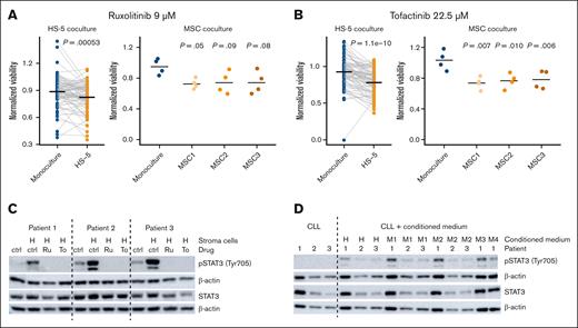 Stroma-leukemia coculture increases toxicity mediated by JAK inhibitors. (A-B) Validating the effects of ruxolitinib (A) tofacitinib (B) from the HS-5 coculture screen (n = 81) in cocultures of CLL with primary MSCs (n = 3). t tests were used to compare the coculture mean with the reference value in monoculture. MSC1, MSC2, and MSC3 were derived from n = 3 different healthy donors. (C) STAT3 was phosphorylated in CLL cells from (n = 3) patient samples cocultured with HS-5 cells. STAT3 phosphorylation could be reversed by inhibition with ruxolitinib or tofacitinib. (D) STAT3 was phosphorylated in CLL cells from (n = 3) patient samples in the presence of conditioned medium derived from stromal cells. Ctrl, solvent control (DMSO); H, cocultures with HS-5 cells; M1-4, cocultures with MSC cells from (n = 4) different healthy donors; Ru, ruxolitinib (10 μM); To, tofacitinib (22.5 μM).
