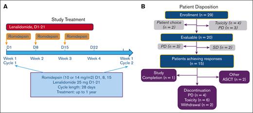 Study treatment schema and patient disposition flowchart. (A) The study treatment schema. Treatment consisted of romidepsin 10 mg/m2 (with dose escalation to 14 mg/m2 as tolerated) IV on days 1, 8, and 15 and lenalidomide 25 mg taken orally from days 1 to 21 of 28-day cycle for up to 1 year. (B) The flowchart for patient disposition. Of the 29 patients enrolled, 20 completed at least 3 cycles of study treatment and were evaluable. Fifteen participants achieved responses.