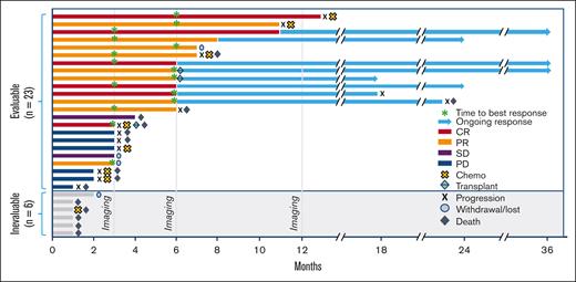 Swimmer plot of time on study and duration of responses. Solid bar length indicates time on study, with red solid bar denoting CR, orange denoting partial response, purple denoting stable disease, and blue denoting progression of disease. Blue shaded bar denotes response duration after study treatment discontinuation. Green diamond denotes stem cell transplant, yellow cross denotes subsequent cytotoxic chemotherapy, green asterisk denotes time to best response, black cross denotes disease progression, gray circle denotes study withdrawal or lost to follow-up, and black diamond denotes death. “//” stands for axis break, which denotes noncontinuous timeline.