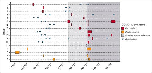 Timeline of COVID-19 infection in 17 patients residing in the United States. All patients tested positive for COVID-19 via polymerase chain reaction or antigen testing. The duration of symptoms is indicated using rectangles, which are depending on whether they received COVID-19 vaccination. The timing of each SARS-CoV-2 vaccine dose is depicted using triangles. The dotted lines indicate when >95% of COVID-19 cases were caused by Delta (light gray) or Omicron (dark gray) variants, based on the Center for Disease Control variant surveillance data. Patients were grouped based on their vaccination status.