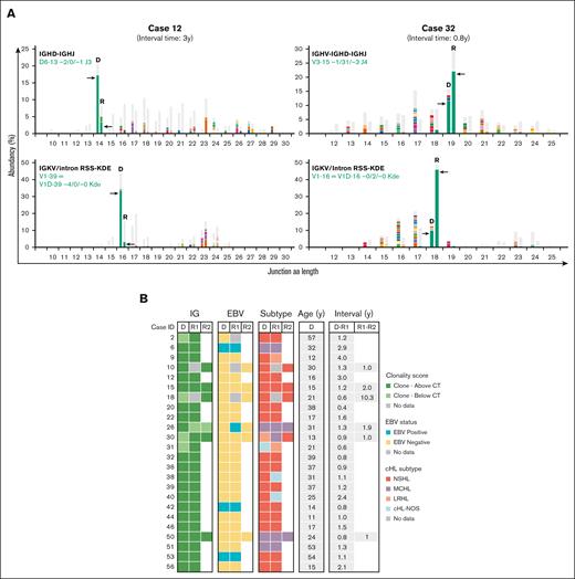 NGS-based clonality analysis identifies clonally related cHL recurrences. (A) Representative data sets indicating NGS-based detection of IG gene rearrangements in paired diagnosis and recurrence tissue samples of 2 patients with clonally related relapsed cHL (cases 12 and 32). For each patient, the data for 2 clonal IG gene rearrangements are shown; IGKV-IGKJ and IGKV/intron RSS-KDE for case 12 and IGHV-IGHD-IGHJ and IGKV/intron RSS-KDE for case 32. The specific clonotype for the dominant IG gene rearrangement is indicated in green. On the x-axis, the junction length in amino acids (junction aa length) is shown, and the abundancy of clonotypes is shown in percentages on the y-axis. (B) Summary of clonality assessment detecting relapsed cHL in 24 patients, together with EBV status, cHL subtype, and time interval between the paired cHL samples. CT, clonality threshold; D, primary diagnosis sample; NOS, not otherwise specified; R, recurrence sample; y, years.
