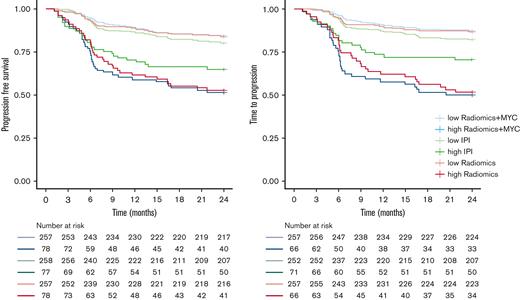 Kaplan-Meier survival curves of high- and low-risk groups for 2-year TTP and 2-year PFS.