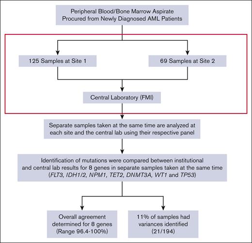 Schematic for the analysis of patient samples between central and institutional laboratories.
