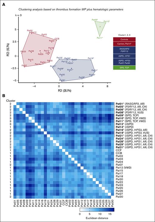 PCA of microspots and hematologic traits of patients and controls. For all included patients, family members, and controls (CCFs and CCBs), multiparameter data (P1-8) of thrombus formation on microspots from M1 to M6 together with hematologic values, were univariately scaled and clustered for PCA using scaled and mean-centered data (k-means = 3). Missing values were imputed. (A) Default 2-component plot resulting in clusters of (1) controls and most carriers of a heterozygous mutation; (2) most of index patients and autosomal recessive compound heterozygous carriers; (3) family members from Pat 09 to Pat11 with SPD and moderate TCP. (B) Euclidean distance matrix of clustered scaled parameters comparing all individual patients. For values, see supplemental Datafile.